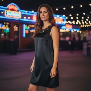 Vera Wang Lavender Label Elegant Black Dress with Embellished Neckline